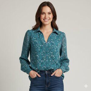 CAbi Chase Field of Flowers X-Small Sheer Long Sleeve V-Neck Blouse EUC